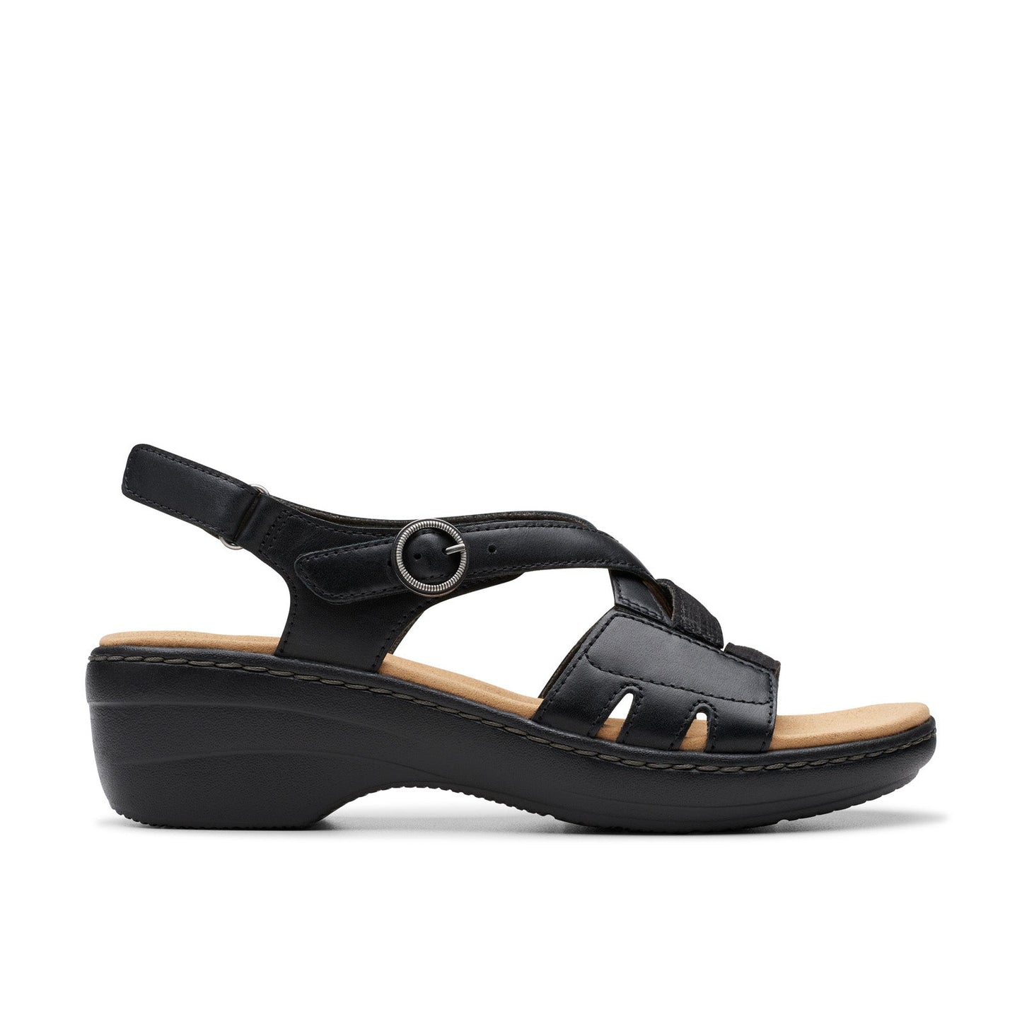 Clarks Merliah Bonita 26177402 Womens Black Leather Wedges Sandals Shoes
