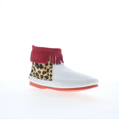 Minnetonka Back Zip Boot 280 Womens White Leather Loafer Flats Shoes