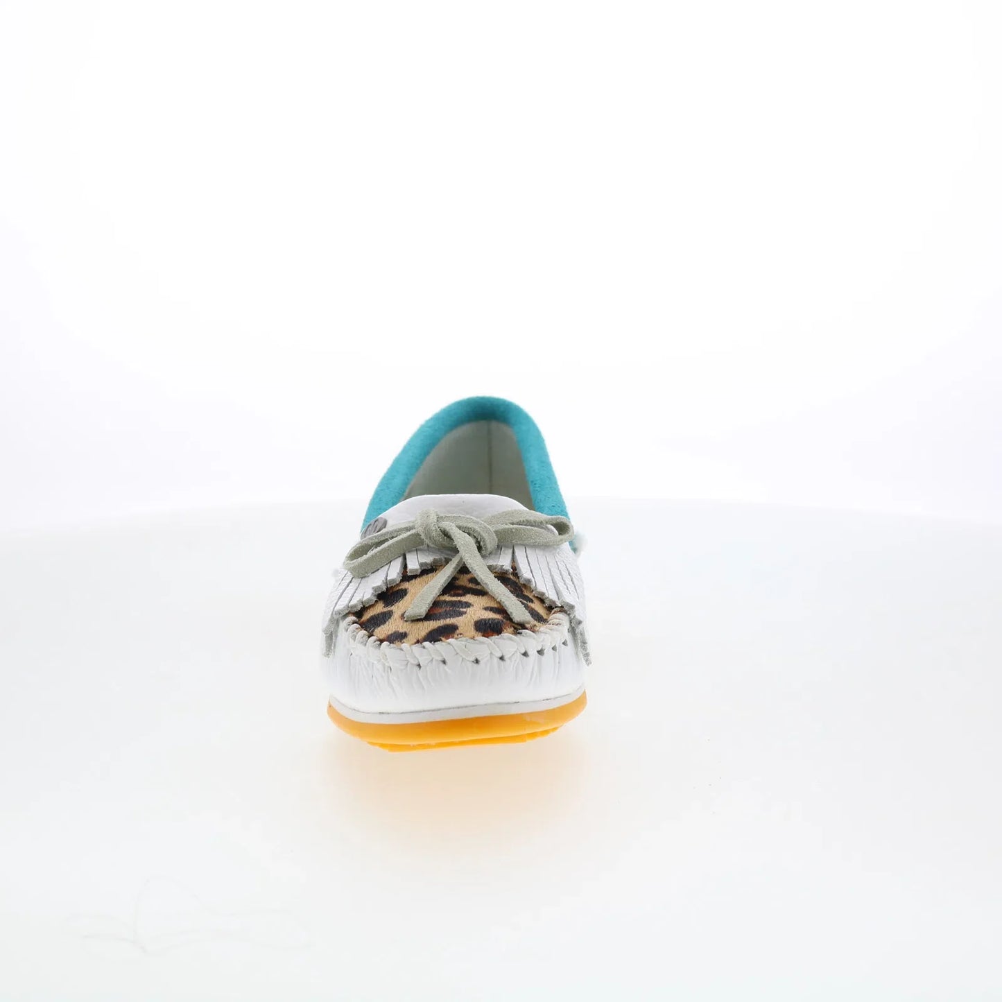 Minnetonka Kilty Plus Leopard Plug 4327 Womens White Loafer Flats Shoes