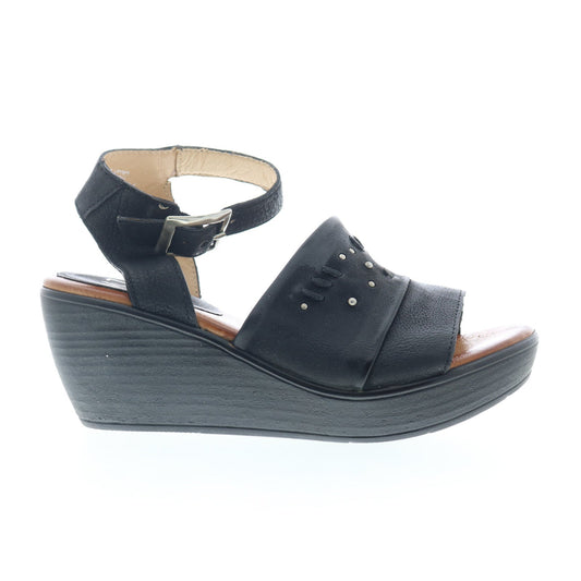 Miz Mooz Striking Womens Black Leather Hook & Loop Wedges Sandals Shoes