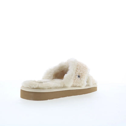 Minnetonka Teddy Crossband 5993104 Womens Beige Canvas Slides Slippers Shoes
