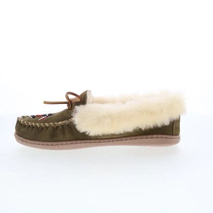Minnetonka Thunderbird Animikii Alpine Womens Green Suede Loafer Flats Shoes
