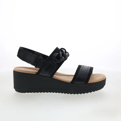 Clarks Wrenly Eve 26182085 Womens Black Wide Leather Wedges Sandals Shoes