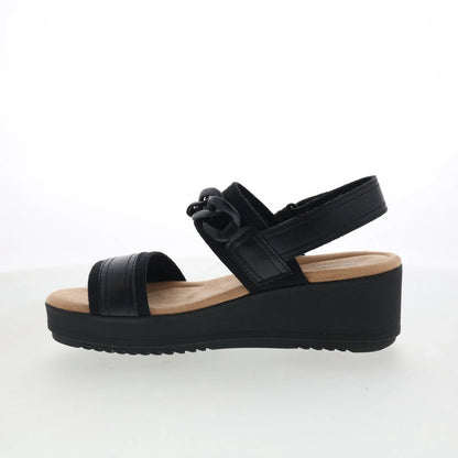 Clarks Wrenly Eve 26182085 Womens Black Leather Strap Wedges Sandals Shoes